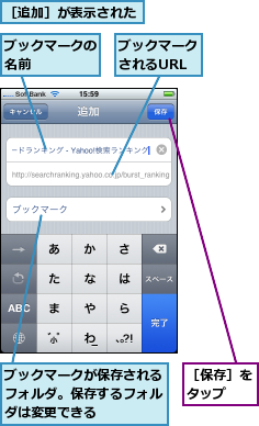 ブックマークが保存されるフォルダ。保存するフォルダは変更できる,ブックマークされるURL,ブックマークの名前    ,［保存］をタップ  ,［追加］が表示された
