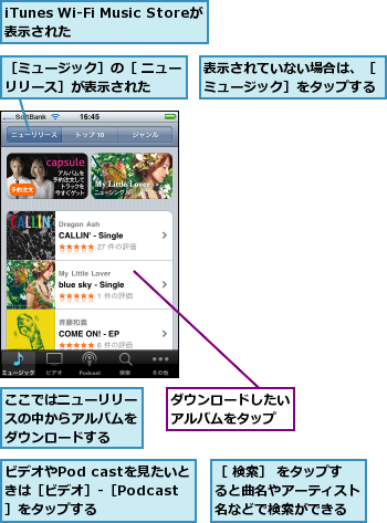 iTunes Wi-Fi Music Storeが表示された      ,ここではニューリリースの中からアルバムをダウンロードする,ダウンロードしたいアルバムをタップ,ビデオやPod castを見たいときは［ビデオ］-［Podcast］をタップする,表示されていない場合は、［ミュージック］をタップする,［ 検索］ をタップすると曲名やアーティスト名などで検索ができる,［ミュージック］の［ ニューリリース］が表示された  