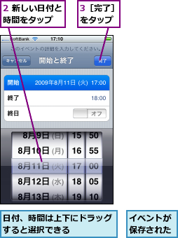 2 新しい日付と時間をタップ  ,3［完了］をタップ,イベントが保存された,日付、時間は上下にドラッグすると選択できる    