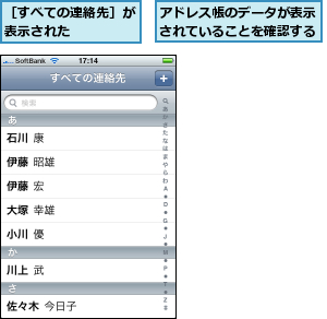 アドレス帳のデータが表示されていることを確認する,［すべての連絡先］が表示された    
