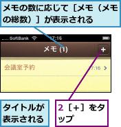 2［＋］をタップ　　　,タイトルが表示される,メモの数に応じて［メモ（メモの総数）］が表示される　　