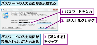 1 パスワードを入力,2［購入］をクリック,3［購入する］をタップ　　,パスワードの入力画面が表示されないこともある,パスワードの入力画面が表示される
