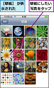 壁紙にしたい写真をタップ,［壁紙］ が表示された  