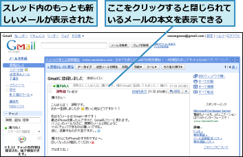 ここをクリックすると閉じられているメールの本文を表示できる,スレッド内のもっとも新しいメールが表示された