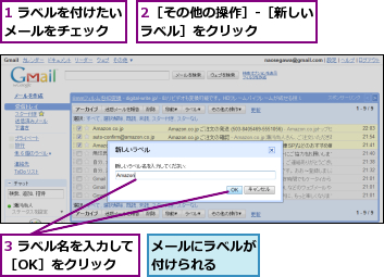 1 ラベルを付けたいメールをチェック　　,2［その他の操作］-［新しいラベル］をクリック　　　　　,3 ラベル名を入力して［OK］をクリック　　,メールにラベルが付けられる　　