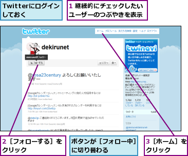 1 継続的にチェックしたいユーザーのつぶやきを表示,2［フォローする］をクリック      ,3［ホーム］をクリック  ,Twitterにログインしておく  ,ボタンが［フォロー中］に切り替わる    