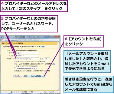 4 プロバイダーなどのメールアドレスを入力して［次のステップ］をクリック　　,5 プロバイダーなどの資料を参照して、ユーザー名とパスワード、　POPサーバーを入力　　,6［アカウントを追加］をクリック　　　　　,引き続き設定を行うと、追加したアカウントでGmailからメールを送信できる,［メールアカウントを追加しました］と表示され、追加したアカウントをGmailで受信できるようになる