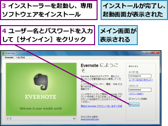 3 インストーラーを起動し、専用ソフトウェアをインストール  ,4 ユーザー名とパスワードを入力して［サインイン］をクリック  ,インストールが完了し、起動画面が表示された,メイン画面が表示される