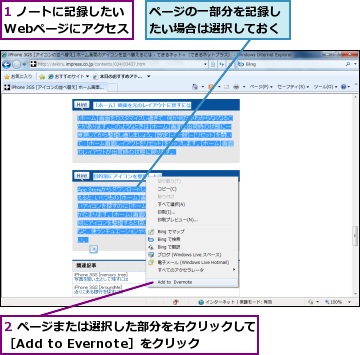 1 ノートに記録したいWebページにアクセス,2 ページまたは選択した部分を右クリックして［Add to Evernote］をクリック,ページの一部分を記録したい場合は選択しておく