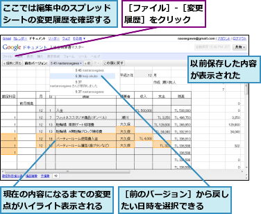 ここでは編集中のスプレッドシートの変更履歴を確認する,以前保存した内容が表示された  ,現在の内容になるまでの変更点がハイライト表示される,［ファイル］-［変更履歴］をクリック  ,［前のバージョン］から戻したい日時を選択できる  