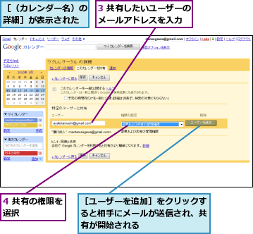 3 共有したいユーザーのメールアドレスを入力  ,4 共有の権限を選択      ,［ユーザーを追加］をクリックすると相手にメールが送信され、共有が開始される,［（カレンダー名）の詳細］が表示された