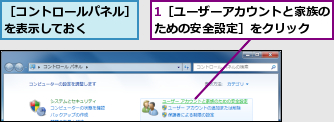 1［ユーザーアカウントと家族のための安全設定］をクリック　　,［コントロールパネル］を表示しておく　　　　