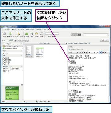 ここではノートの文字を修正する,マウスポインターが移動した,文字を修正したい位置をクリック,編集したいノートを表示しておく