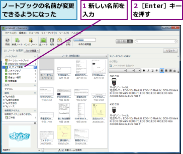 1 新しい名前を入力      ,ノートブックの名前が変更できるようになった  ,２［Enter］キーを押す  