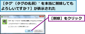 ［タグ'（タグの名前）' を本当に削除してもよろしいですか？］が表示された      ,［削除］をクリック