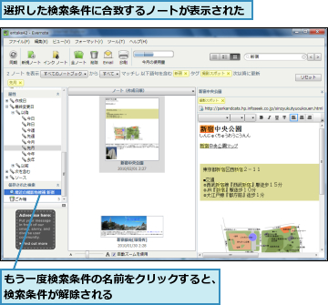 もう一度検索条件の名前をクリックすると、検索条件が解除される         ,選択した検索条件に合致するノートが表示された