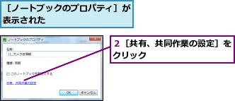 ２［共有、共同作業の設定］をクリック         ,［ノートブックのプロパティ］が表示された         