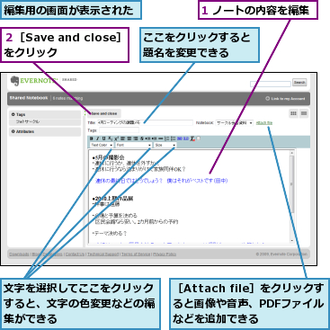 1 ノートの内容を編集,ここをクリックすると題名を変更できる  ,文字を選択してここをクリックすると、文字の色変更などの編集ができる,編集用の画面が表示された,２［Save and close］をクリック    ,［Attach file］をクリックすると画像や音声、PDFファイルなどを追加できる
