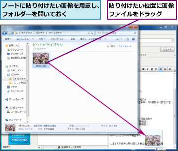ノートに貼り付けたい画像を用意し、フォルダーを開いておく      ,貼り付けたい位置に画像ファイルをドラッグ  