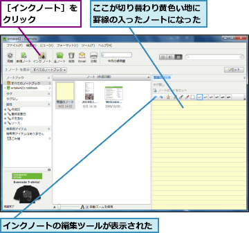 ここが切り替わり黄色い地に罫線の入ったノートになった,インクノートの編集ツールが表示された,［インクノート］をクリック    