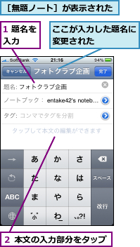 1 題名を入力  ,ここが入力した題名に変更された    ,２ 本文の入力部分をタップ,［無題ノート］が表示された