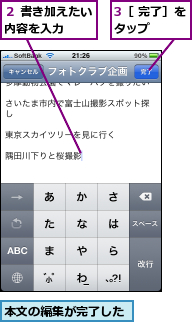 3［ 完了］をタップ    ,本文の編集が完了した,２ 書き加えたい内容を入力  