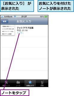 お気に入りを付けたノートが表示された,ノートをタップ,［お気に入り］ が表示された    