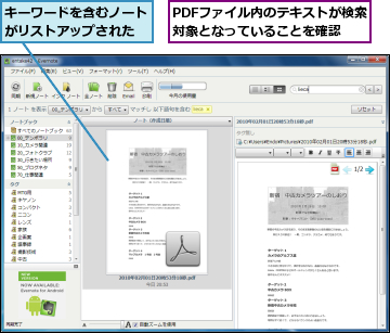 PDFファイル内のテキストが検索対象となっていることを確認,キーワードを含むノートがリストアップされた