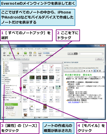 1［ すべてのノートブック］を選択            ,2 ここを下にドラッグ  ,3［属性］の［ソース］をクリック      ,4［モバイル］をクリック    ,Evernoteのメインウィンドウを表示しておく,ここではすべてのノートの中から、iPhoneやAndroidなどモバイルデバイスで作成したノートだけを表示する,ノートの作成元の種類が表示された