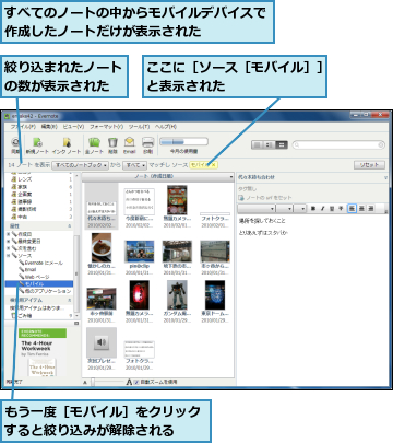 ここに［ソース［モバイル］］と表示された        ,すべてのノートの中からモバイルデバイスで作成したノートだけが表示された      ,もう一度［モバイル］をクリックすると絞り込みが解除される  ,絞り込まれたノートの数が表示された
