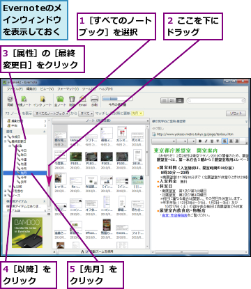 1［すべてのノートブック］を選択  ,3［属性］の［最終変更日］をクリック,4［以降］をクリック  ,5［先月］をクリック  ,Evernoteのメインウィンドウを表示しておく　　,２ ここを下にドラッグ  