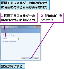 1 同期するフォルダーの組み合わせの名前を入力,2［Finish］をクリック,同期するフォルダーの組み合わせに名前を付ける画面が表示された,設定が完了する