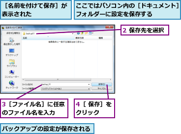 2 保存先を選択,3［ファイル名］に任意のファイル名を入力  ,4［ 保存］をクリック  ,ここではパソコン内の［ドキュメント］フォルダーに設定を保存する    ,バックアップの設定が保存される,［名前を付けて保存］が表示された      