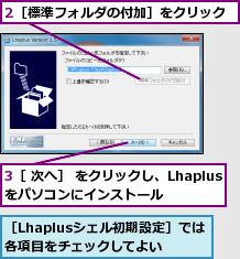 2［標準フォルダの付加］をクリック,3［ 次へ］ をクリックし、Lhaplusをパソコンにインストール,［Lhaplusシェル初期設定］では各項目をチェックしてよい