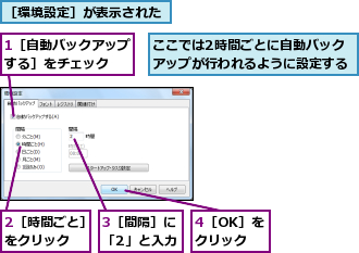 1［自動バックアップする］をチェック  ,2［時間ごと］をクリック  ,3［間隔］に「2」と入力,4［OK］をクリック,ここでは2時間ごとに自動バックアップが行われるように設定する,［環境設定］が表示された