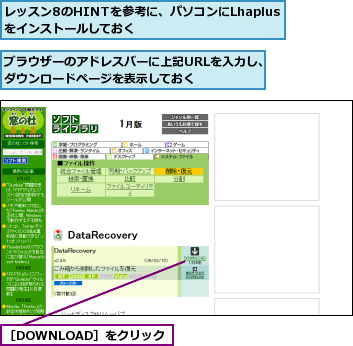 ブラウザーのアドレスバーに上記URLを入力し、ダウンロードページを表示しておく    ,レッスン8のHINTを参考に、パソコンにLhaplusをインストールしておく,［DOWNLOAD］をクリック