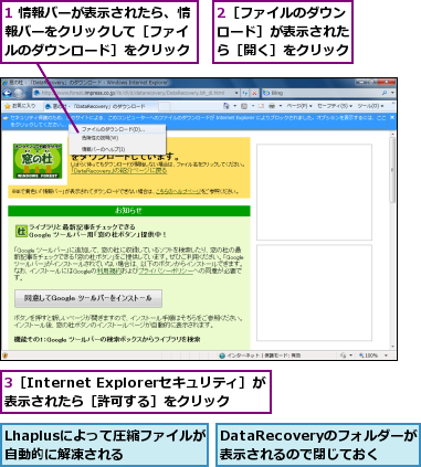 1 情報バーが表示されたら、情報バーをクリックして［ファイ ルのダウンロード］をクリック,2［ファイルのダウンロード］が表示されたら［開く］をクリック,3［Internet Explorerセキュリティ］が表示されたら［許可する］をクリック,DataRecoveryのフォルダーが表示されるので閉じておく,Lhaplusによって圧縮ファイルが自動的に解凍される  