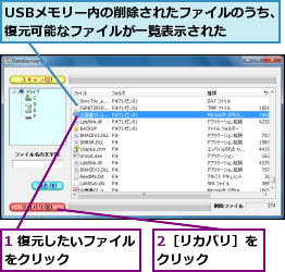 1 復元したいファイルをクリック      ,2［リカバリ］をクリック    ,USBメモリー内の削除されたファイルのうち、復元可能なファイルが一覧表示された  