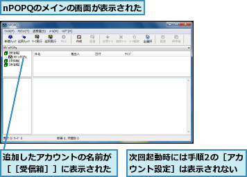 nPOPQのメインの画面が表示された,次回起動時には手順2の［アカウント設定］は表示されない,追加したアカウントの名前が［［受信箱］］に表示された