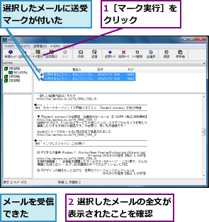 1［マーク実行］をクリック    ,2 選択したメールの全文が表示されたことを確認  ,メールを受信できた  ,選択したメールに送受マークが付いた  