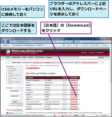 USBメモリーをパソコンに接続しておく  ,ここでは日本語版をダウンロードする,ブラウザーのアドレスバーに上記URLを入力し、ダウンロードページを表示しておく,［日本語］の［Download］をクリック    