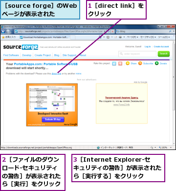 1［direct link］をクリック  ,2［ファイルのダウンロード‐セキュリティの警告］が表示されたら［実行］をクリック,3［Internet Explorer‐セキュリティの警告］が表示されたら［実行する］をクリック,［source forge］のWebページが表示された