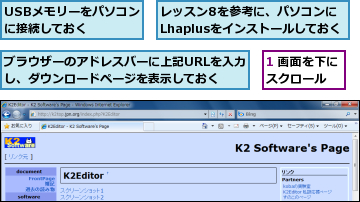 1 画面を下にスクロール  ,USBメモリーをパソコンに接続しておく  ,ブラウザーのアドレスバーに上記URLを入力し、ダウンロードページを表示しておく,レッスン8を参考に、パソコンにLhaplusをインストールしておく