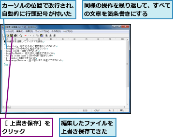 カーソルの位置で改行され、自動的に行頭記号が付いた,同様の操作を繰り返して、すべての文章を箇条書きにする    ,編集したファイルを上書き保存できた,［ 上書き保存］をクリック    