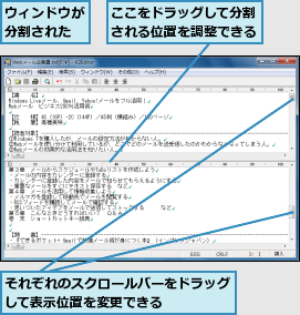 ここをドラッグして分割される位置を調整できる,それぞれのスクロールバーをドラッグして表示位置を変更できる    ,ウィンドウが分割された