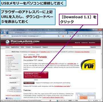 USBメモリーをパソコンに接続しておく,ブラウザーのアドレスバーに上記URLを入力し、ダウンロードページを表示しておく,［Download 1.1］をクリック   