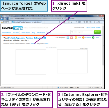 1［direct link］をクリック  ,2［ファイルのダウンロード-セキュリティの警告］が表示され たら［実行］をクリック,3［Internet Explorer-セキ ュリティの警告］が表示された  ら［実行する］をクリック,［source forge］のWebページが表示された