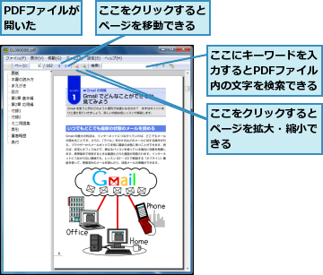 PDFファイルが開いた  ,ここにキーワードを入力するとPDFファイル内の文字を検索できる,ここをクリックするとページを拡大・縮小できる,ここをクリックするとページを移動できる