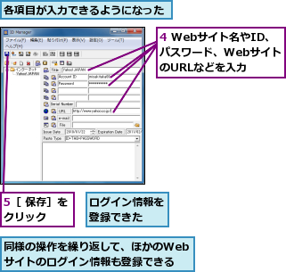 4 Webサイト名やID、パスワード、WebサイトのURLなどを入力,5［ 保存］をクリック   ,ログイン情報を登録できた  ,各項目が入力できるようになった,同様の操作を繰り返して、ほかのWebサイトのログイン情報も登録できる