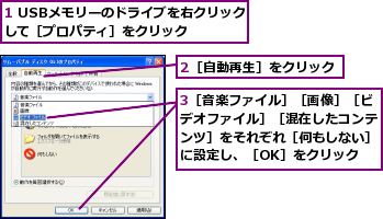 1 USBメモリーのドライブを右クリックして［プロパティ］をクリック    ,2［自動再生］をクリック,3［音楽ファイル］［画像］［ビデオファイル］［混在したコンテンツ］をそれぞれ［何もしない］に設定し、［OK］をクリック